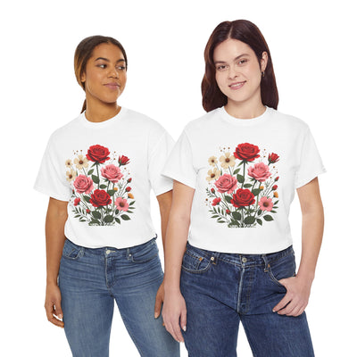 Wildflowers and Pink & Red Roses, Graphic T-Shirts for Women, Floral Shirt, Womens Short Sleeve, Ladies Graphic Tees #5134TTS