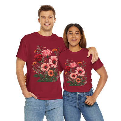 Wildflowers and Pink & Red Roses, Graphic T-Shirts for Women, Floral Shirt, Womens Short Sleeve, Ladies Graphic Tees #5133TTS