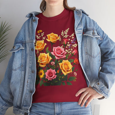Wildflowers and Pink & Yellow Roses, Graphic T-Shirts for Women, Floral Shirt, Womens Short Sleeve, Ladies Graphic Tees #5142TTS