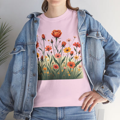 Wildflowers and Orange Roses, Graphic T-Shirts for Women, Floral Shirt, Womens Short Sleeve, Ladies Graphic Tees #5047TTS