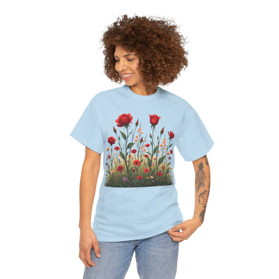 Wildflowers and Red Roses, Graphic T-Shirts for Women, Floral Shirt, Womens Short Sleeve, Ladies Graphic Tees #5032TTS