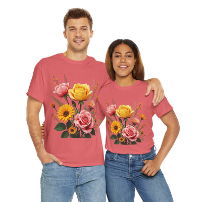 Wildflowers and Pink & Yellow Roses, Graphic T-Shirts for Women, Floral Shirt, Womens Short Sleeve, Ladies Graphic Tees #5146TTS