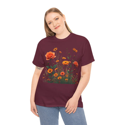 Wildflowers and Orange Roses, Graphic T-Shirts for Women, Floral Shirt, Womens Short Sleeve, Ladies Graphic Tees #5046TTS