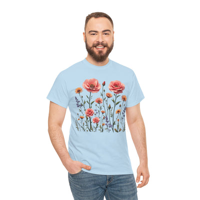 Wildflowers and Pink Roses, Graphic T-Shirts for Women, Floral Shirt, Womens Short Sleeve, Ladies Graphic Tees #5015TTS