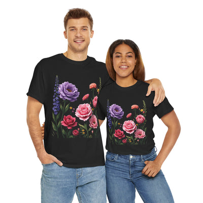 Wildflowers and Pink/Violet Roses, Graphic T-Shirts for Women, Floral Shirt, Womens Short Sleeve, Ladies Graphic Tees #5100TTS