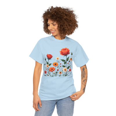 Wildflowers and Orange Roses, Graphic T-Shirts for Women, Floral Shirt, Womens Short Sleeve, Ladies Graphic Tees #5043TTS