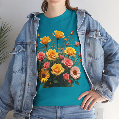 Wildflowers and Pink & Yellow Roses, Graphic T-Shirts for Women, Floral Shirt, Womens Short Sleeve, Ladies Graphic Tees #5141TTS
