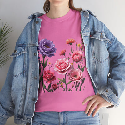 Wildflowers and Pink/Violet Roses, Graphic T-Shirts for Women, Floral Shirt, Womens Short Sleeve, Ladies Graphic Tees #5100TTS