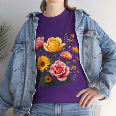 Wildflowers and Pink & Yellow Roses, Graphic T-Shirts for Women, Floral Shirt, Womens Short Sleeve, Ladies Graphic Tees #5146TTS
