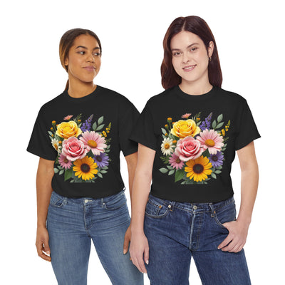 Wildflowers and Pink & Yellow Roses, Graphic T-Shirts for Women, Floral Shirt, Womens Short Sleeve, Ladies Graphic Tees #5145TTS