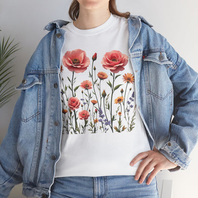 Wildflowers and Pink Roses, Graphic T-Shirts for Women, Floral Shirt, Womens Short Sleeve, Ladies Graphic Tees #5015TTS