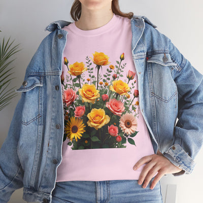 Wildflowers and Pink & Yellow Roses, Graphic T-Shirts for Women, Floral Shirt, Womens Short Sleeve, Ladies Graphic Tees #5141TTS
