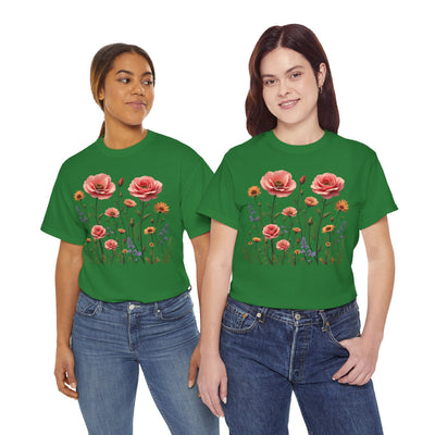 Wildflowers and Pink Roses, Graphic T-Shirts for Women, Floral Shirt, Womens Short Sleeve, Ladies Graphic Tees #5015TTS