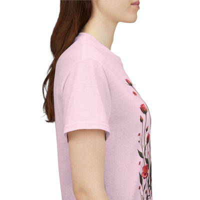 Wildflowers and Pink Roses, Graphic T-Shirts for Women, Floral Shirt, Womens Short Sleeve, Ladies Graphic Tees #5022TTS