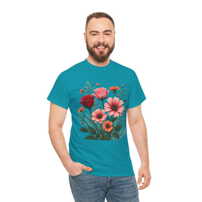 Wildflowers and Pink & Red Roses, Graphic T-Shirts for Women, Floral Shirt, Womens Short Sleeve, Ladies Graphic Tees #5133TTS