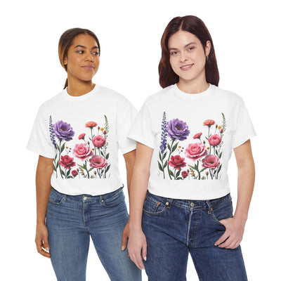 Wildflowers and Pink/Violet Roses, Graphic T-Shirts for Women, Floral Shirt, Womens Short Sleeve, Ladies Graphic Tees #5100TTS