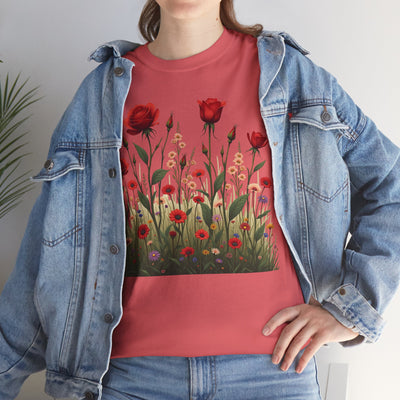 Wildflowers and Red Roses, Graphic T-Shirts for Women, Floral Shirt, Womens Short Sleeve, Ladies Graphic Tees #5032TTS