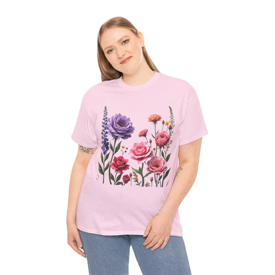 Wildflowers and Pink/Violet Roses, Graphic T-Shirts for Women, Floral Shirt, Womens Short Sleeve, Ladies Graphic Tees #5100TTS