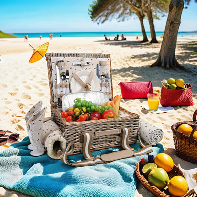 4 Person Deluxe Wicker Picnic Basket open tan on beach
