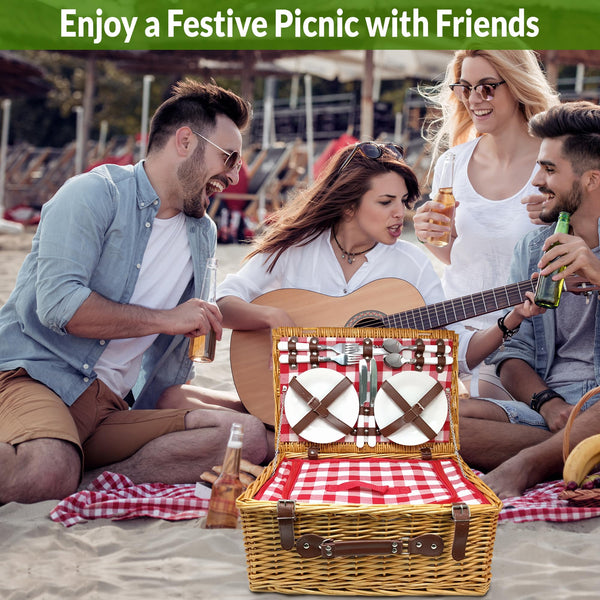 4 Person Wicker Picnic Basket open with red checkered interior