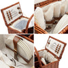 4 views of brown wicker picknic basket open service for 4