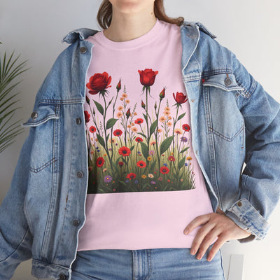 Wildflowers and Red Roses, Graphic T-Shirts for Women, Floral Shirt, Womens Short Sleeve, Ladies Graphic Tees #5032TTS