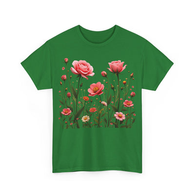 Wildflowers and Pink Roses, Graphic T-Shirts for Women, Floral Shirt, Womens Short Sleeve, Ladies Graphic Tees #5022TTS