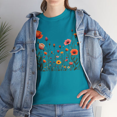 Wildflowers and Orange Roses, Graphic T-Shirts for Women, Floral Shirt, Womens Short Sleeve, Ladies Graphic Tees #5042TTS