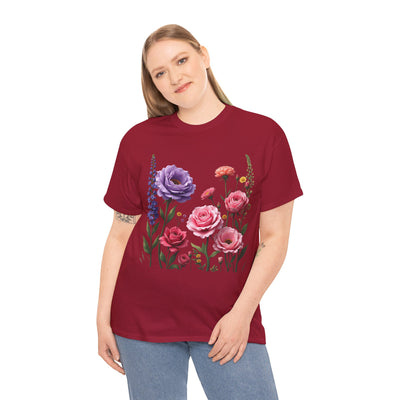 Wildflowers and Pink/Violet Roses, Graphic T-Shirts for Women, Floral Shirt, Womens Short Sleeve, Ladies Graphic Tees #5100TTS