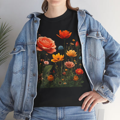 Wildflowers and Orange Roses, Graphic T-Shirts for Women, Floral Shirt, Womens Short Sleeve, Ladies Graphic Tees #5044TTS