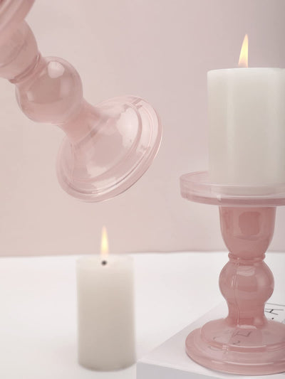 Lewondr Glass Candle Holders, 3 Pieces Crystal Clear Candlesticks with Elegant Design for Pillar Taper Candle and Tea Light, Home Table Living Room Wedding Party Decorations Home Décor - Pink