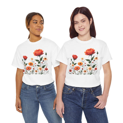 Wildflowers and Orange Roses, Graphic T-Shirts for Women, Floral Shirt, Womens Short Sleeve, Ladies Graphic Tees #5043TTS