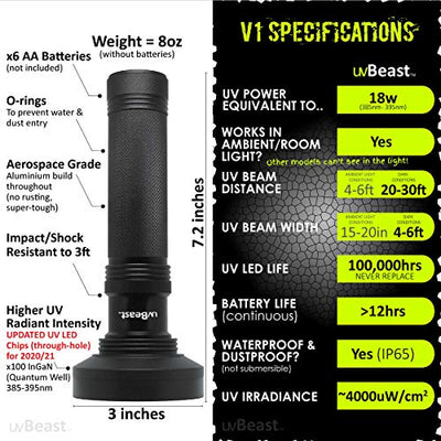 uvBeast Black Light UV Flashlight – High Power 100 LED with 30-feet Flood Effect – Professional Grade 385nm-395nm Best for Commercial/Domestic Use Works Even in Ambient Light - USA Stock – UK Design