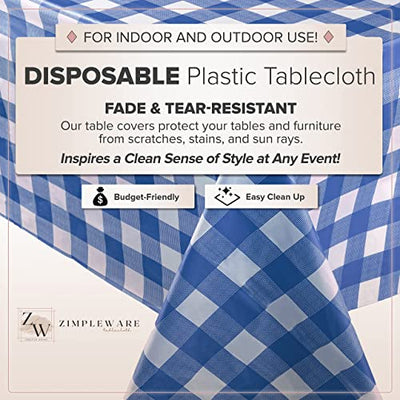 ZIMPLEWARE Blue Gingham Checkered 12 Pack Standard Disposable Plastic Party Picnic Tablecloth 54 Inch. x 108 Inch. Rectangle Table Cover