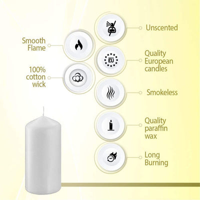 BOLSIUS 8 Count 2x4 Inch White Pillar Candles - 20 Hours Burn Time - Premium European Quality - Unscented Dripless and Smokeless Wedding, Party, Dinner, Restaurant, and Special Occasion Candle Set