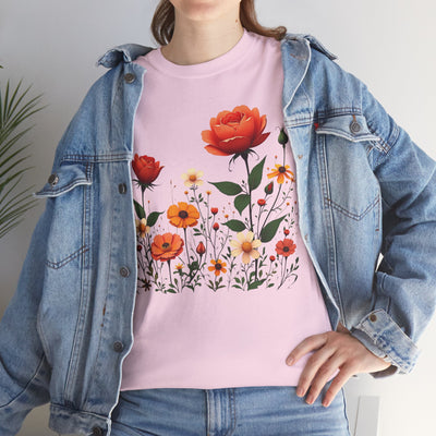 Wildflowers and Orange Roses, Graphic T-Shirts for Women, Floral Shirt, Womens Short Sleeve, Ladies Graphic Tees #5043TTS