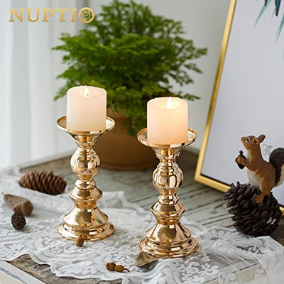 Nuptio Pillar Candle Holders, Wedding Centerpieces Metal Candle Holder Candles Stand Decoration Ideal for Weddings Special Events Parties Living Room (2 Pcs, Gold)