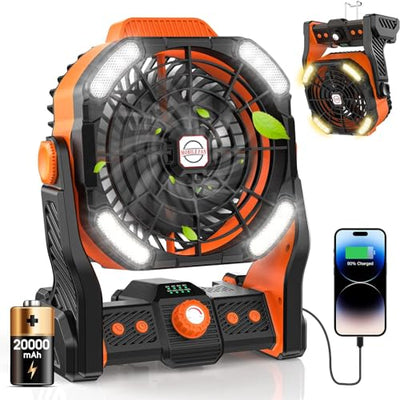 DOWILLDO 20000mAh Battery Powered Portable Fan - Rechargeable Outdoor Camping Fan with LED Lantern, Personal Cooling Fan for Bedroom with Cold Air, Table Fan for Travel, Hiking, Fishing, Picnic