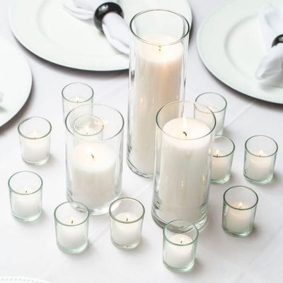 Set of 36 Glass Eastland Cylinder Vases and 36 White Richland Pillar Candles 3"