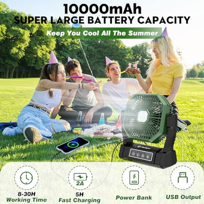 Multper 10000mAh Camping Fan Rechargeable with LED Lantern, Portable Fan Outdoor Camping Fans for Tents with Remote & Hook, 4 Speed Powerful USB Table Fan for Fishing, Camping, Travel, Jobsite (Black)