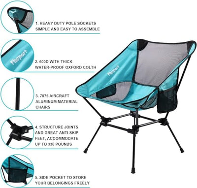 FBSPORT 2 Pack Portable Camping Chairs Lightweight Backpacking Chair Compact & Heavy Duty for Camp, Backpack, Hiking, Beach, Picnic, with Carry Bag