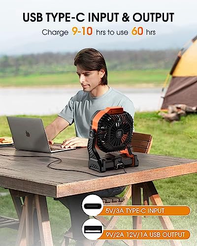 DOWILLDO 20000mAh Battery Powered Portable Fan - Rechargeable Outdoor Camping Fan with LED Lantern, Personal Cooling Fan for Bedroom with Cold Air, Table Fan for Travel, Hiking, Fishing, Picnic