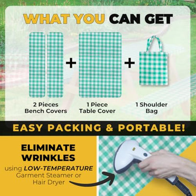 RNOONY Vinyl Fitted Picnic Table Cover with Bench Covers and Bag, Outdoor Waterproof Picnic Tablecloth with Elastic Edges, 72x30 Inches 3 Pcs Set (Green)