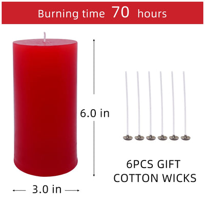 3 Pack 3x6 Inch Red Pillar Candles for Romantic Valentine's Day and Christmas, Unscented Column Candle for Home Restaurants, Smokeless Dripless and Clean Burning Emergency Candle