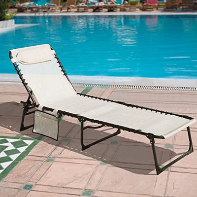 MUPATER 4-Fold Patio Chaise Lounge Chair for Outdoor with Detachable Pocket and Pillow, Portable Sun Lounger Recliner for Beach, Camping and Pool, Cream White