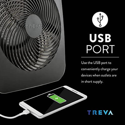 Treva 10-Inch Portable Desk Battery Fan, Powered by Battery and/or AC Adapter - Air Circulating with 2 Cooling Speeds, With Built In USB Charging Port