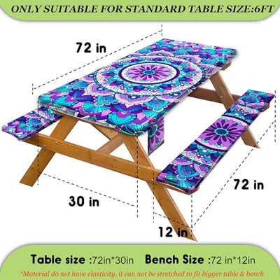 Fitted Picnic Table Cover with Bench Covers Vinyl Waterproof Elastic Edges Fitted Rectangle Tables Patio Tablecloth Camping Gear and Essentials Rv Accessories Road Trip Supplies Car Travel Must Haves
