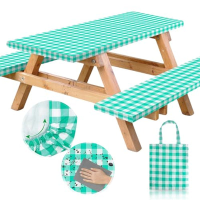 RNOONY Vinyl Fitted Picnic Table Cover with Bench Covers and Bag, Outdoor Waterproof Picnic Tablecloth with Elastic Edges, 72x30 Inches 3 Pcs Set (Green)