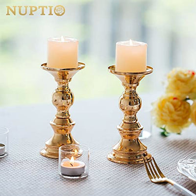 Nuptio Pillar Candle Holders, Wedding Centerpieces Metal Candle Holder Candles Stand Decoration Ideal for Weddings Special Events Parties Living Room (2 Pcs, Gold)