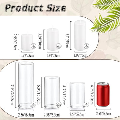 UDU Set of 12 Pillar Candles and 12 Hurricane Candle Holders, Pillar Candle Holder for Pillar Candles, Clear Cylinder Vases for Centerpieces Wedding Table Party Home Decor(4.7", 5.9",7.9")